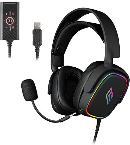 Noua Banshee Cuffie Gaming RGB USB Over-Ear Driver da 50 mm, Cuffie da Gioco con 3.5mm Jack e Scheda Audio Esterna USB 7.1, Microfono Flessibile Rimovibile per PC, Mac, Laptop, PS4, PS5
