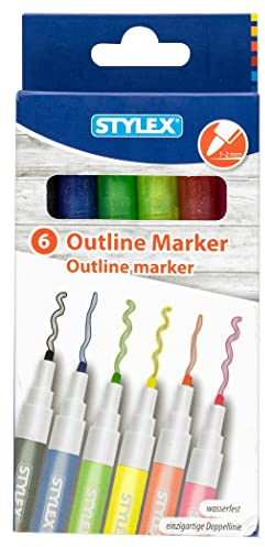 Stylex 32830 - Outlinemarker, wasserfest, mit einzigartigen Doppellinien, Strichstärke 1-2 mm, 6er Set, ideal zum Beschriften und Gestalten