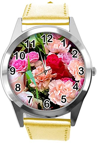 TAPORT Gold Leather Round Watch for Flowers Fans e4