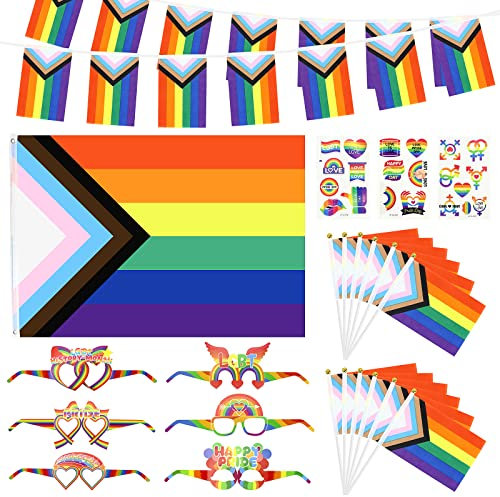 Homgaty Progress Pride Flags, 23 PCS Gay Pride LGBTQ Buntings, 5ft x 3ft Rainbow Flag with Chevron Eyelets, Lesbian Bisexual Hand Flags Banner Tattoos Glasses Decorations for Party Parade Celebration