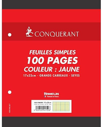 CONQUÉRANT Lot de 3 Feuillets mobiles jaune 17x 22 cm, 80g 100 pages grands carreaux