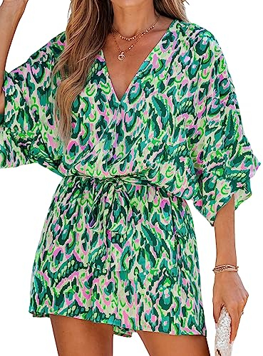 CUPSHE Damen Jumpsuit V-Ausschnitt Kurzarm Strampler Leopardenmuster Weites Bein Kurz Overall mit Gürtel Casual Lose Playsuit Grün XS