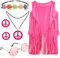 XIHIRCD Tenue des Années 70 Femme, Comprenant un Débardeur à Franges Sans Manches, des Boucles d'Oreilles, un Collier, un Bandeau, des Lunettes de Soleil Vintage un Gilet à Franges (XL, Rose)