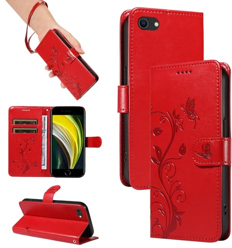 SRISHP Cover Magnetica per iPhone SE 2022/2020/8/7/6 - Custodia a Libro in PU Pelle Con Slot per Schede, Portafoglio, Rosso