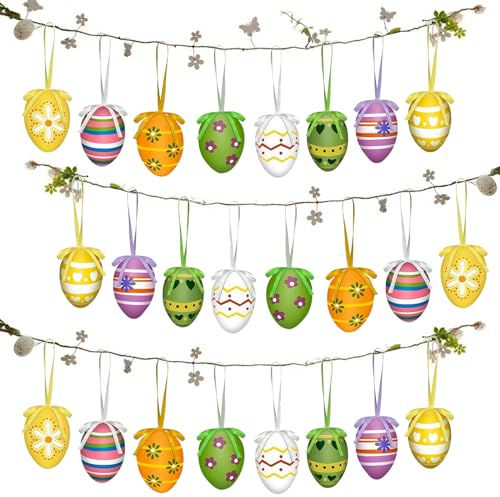 Ostereier zum Aufhängen, 24 Stück Ostereier Plastik, Ostereier, Ostereier Deko, Ostereier zum Aufhängen Draußen, Wiederverwendbare Ostern Deko, Osterdeko Eier Hängedeko für Ostern, Osterdekoration