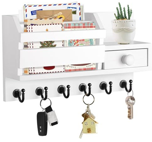 VIS'V Porte-clés mural en bois blanc avec tiroir, organiseur de clés avec 6 crochets à clés, étagère pour entrée, porte, couloir