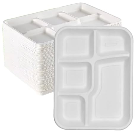 Chef Royale 10x Disposable Bagasse Sugarcane Plates, 5CP Large White Bagasse Plates for Everyday Use, 5 Compartment Food Tray Eco-Friendly, Biodegradable and Compostable, Ideal for Picnics (10, White)