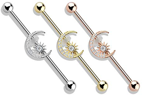 beyoutifulthings Industrial-Piercing SET Gold Silber Roségold Halb-Mond SternIndustrial-Barbell Industrial-Bar Chirurgenstahl Stab-länge 38-mm