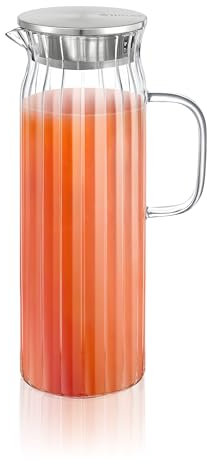 Wilmax - Carafe en verre avec couvercle en acier inoxydable - 1500 ml - Carafe à eau en verre strié - Pichet à eau pour jus, eau, thé glacé, lait - Lavable au lave-vaisselle