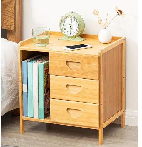 Fslvmin Modern Bamboo Nightstand with Drawers,small Standing Night Stand with Storage Cabinet, Bedside End Table Sofa Side Table for Small Space Bedroom Living Room(42x31x45cm(17x12x18inch), Wood)