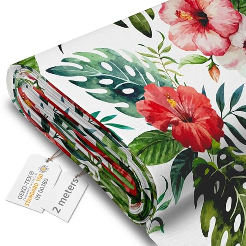 DreamRoots Markisenstoff Meterware, Red Flowers, 2 m | Oxford Segeltuch, wasserdicht, Polsterstoff, 220 g/m² 600D, 160 cm breit, wasserabweisend, für außen & Deko