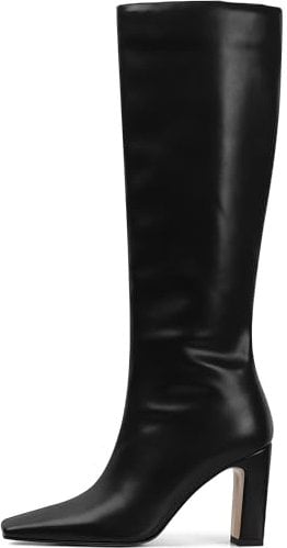 Lovee Cosee Black Leather Boots for Women Knee High Tall Boots for Women Square Toe Chunky Heels Wide Calf Block Heeled Dress Sexy Fashion Trendy Fall Wintern Boots Size 8