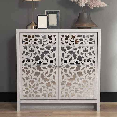 Galano Norwich 2 Door Sideboard – Modern Laser Cut Design with Acrylic Mirror – Storage Cabinet for Living Room, Bedroom, or Kitchen – Dusty Grey Oak