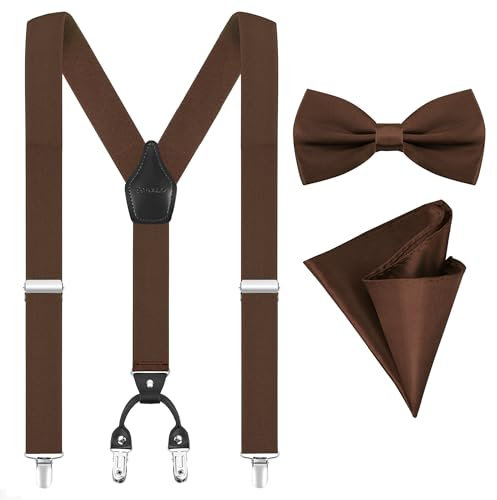 Fevaeno Hosenträger für Herren Breit 3.5cm mit Metal Clips Einstellbar und Elastisch Einheitsgröß Hosenträger Fliege Einsteckuch Set Y-Braun