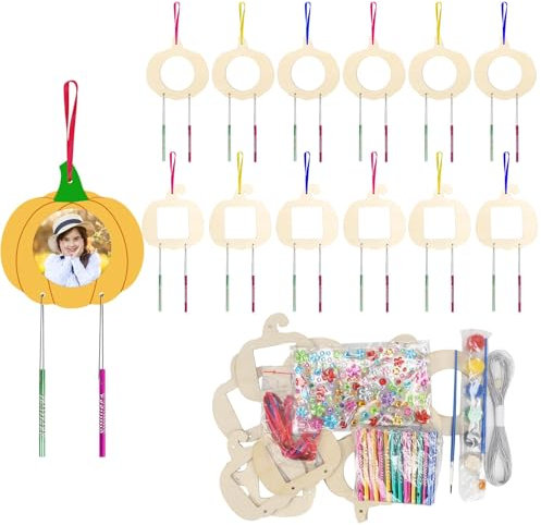 WEDNOK 12 Stück Kürbis Bilderrahmen Windspiel Bastelset Herbst Basteln Kinder Holz Herbst Bastelhandwerk zum Bemalen Pumpkin Kreativsets für Mädchen Junge Herbstszeit Halloween
