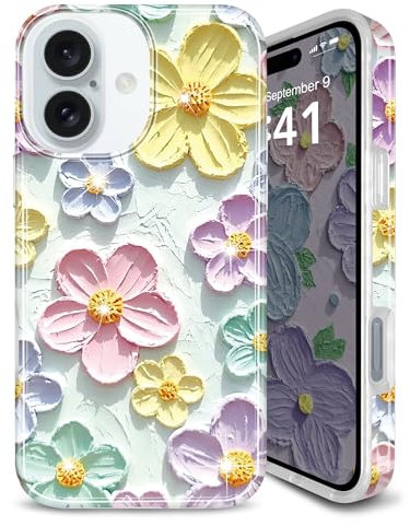 JIAXIUFEN Case for iPhone 16 Plus 6.7 Sparkle Glitter Retro Oil Painting Flower Design Slim Shockproof Protective TPU Cover Phone Case 2024 Mint Colorful
