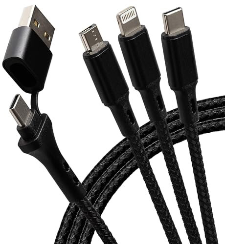 Maplin USB-A & USB-C to 3 in 1 Multi Charging Cable USB-C & Lightning & Micro USB-B 12W Braided 1.2m, for iPhones, iPads, Android phones inc Samsung S7/S6/S5, Sony, Huawei, PS4, HTC, Kindle, Cameras
