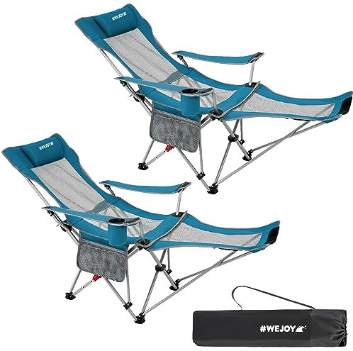 #WEJOY 2-in-1 Campingstuhl Faltbar, Strandstuhl mit Verstellbarer Rückenlehne & Fußstütze Campingstühle für Erwachsene mit Wattepad Kissen Getränkehalter Armlehnentaschen Cyan/Grau 2er Set