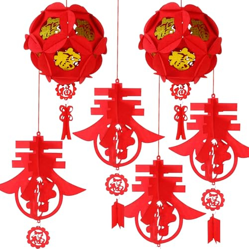KEAGAN 6 Stück Chinesische Lampions für Neujahr, Rote Papierlaternen, Chinesische Neujahrsdekorationen 2026, Hängende Laternen für Frühlingsfest, Hochzeit, Party-Dekor