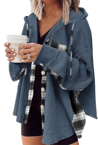 YNIQUE Shacket Femme Carreaux Capuche Maille Waffle Manches Longues Boutons | Shacket Carreau avec Capuche, Maille Waffle, Manches Longues et Boutons, Coupe Oversize pour Automne Hiver