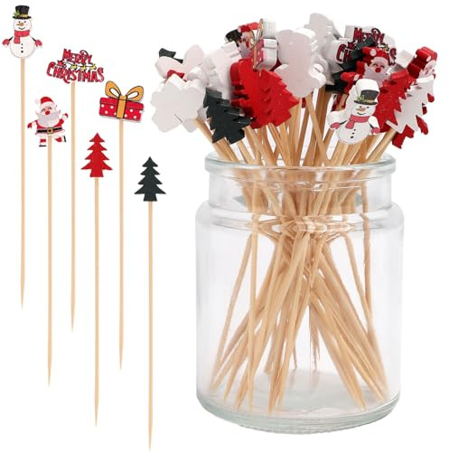 100 Uds Palillos Navidad, Estilos Variados Palillos Cocteles Decorativos Palillos para Aperitivos Navidad Brochetas Navideñas para Cócteles para Verduras Frutas Postres (Estilo 2)