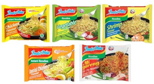 Indomie Instant Nudeln Mix Paket – 6 x 5 Sorten: Huhn, Gemüse, Garnelen, Mi Goreng, Pedas, Grill – 30 x 75g Asiatische Instant-Nudeln Set mit Kajal