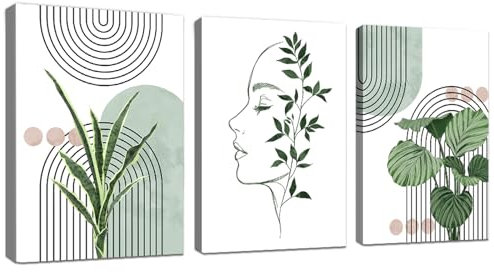 WENGTIAO 3 Pièces Boho Sage Vert Plantes Tableau Decoration Murale Encadré Toile Peinture Esthétique Ligne Géométrique Decoration Murale Salon Maison Deco Chambre Prêt à Accrocher 30x40cmx3