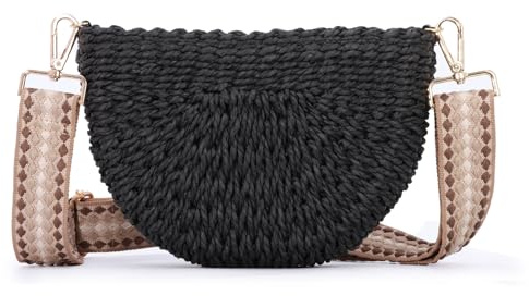 Fecialy Handmade Straw Crossbody Bag for Women Semicircle Woven Handbag Summer Beach Shoulder Bag