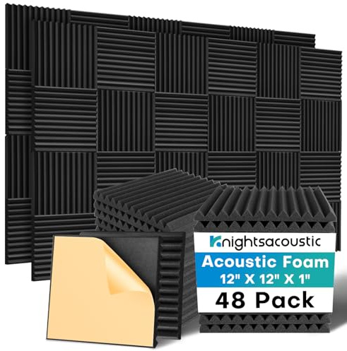 Knightsacoustic Schalldichte Schaumstoffplatten für Wände, selbstklebend, 30,5 x 30,5 x 2,5 cm, Akustikplatten mit hoher Dichte, schallabsorbierend, feuerbeständig, Studio-Schallschutz, Schwarz, 48