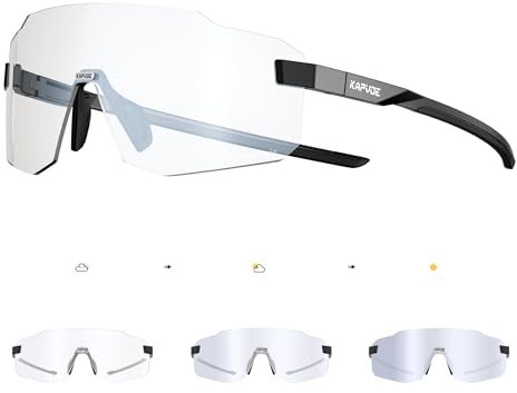 KAPVOE Photochromatische Selbsttönend Fahrradbrille für Herren Damen Klar Rennrad Brille MTB Sportbrille Radbrille UV400 Schutz Randlose Transprante Gläser für Outdoorsports K341