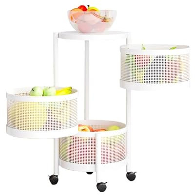 Panier De Fruits Et Légumes Rotatif, Support De Rangement Rond De Cuisine, Support De Stockage De Fruits Rotatif, Chariot De Rangement Pour Cuisine Avec 4 Roues - 3 Étagère En Ronde Panier - BLANC