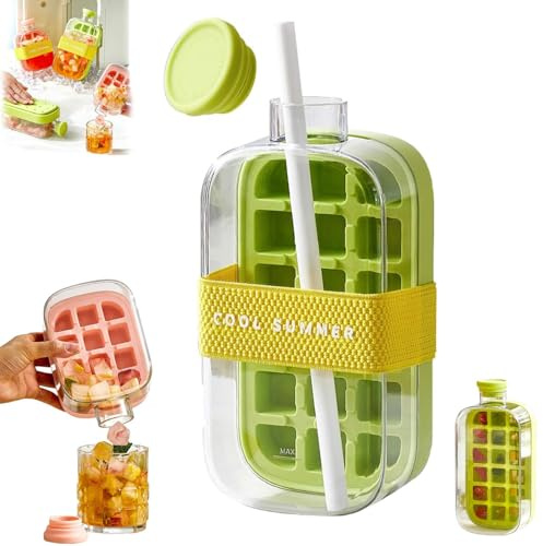 Botella de cubitos de hielo con pajita, botella de agua 2 en 1, bandeja para cubitos de hielo con tapa y contenedor, liberación de hielo con un solo toque y sin tocar, botella para congelador, café