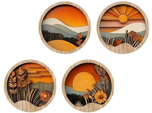 Arte da parete Boemia per soggiorno, decorazione da parete in stile bohemien, per camera da letto, 4 quadri rotondi geometrici in legno rustico, per appartamento, casa di campagna, ingresso