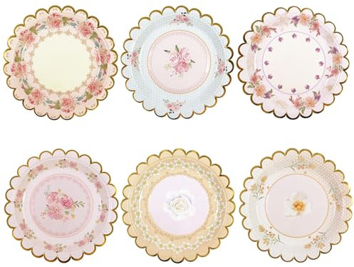 DHAIQC 48 PCS Vintage Floral Paper Plates 17.8 cm, Scalloped Flower Party Plates Disposable Cake Dessert Plates for Afternoon Tea Birthday Bridal Shower Baby Shower Wedding Party Decorations (Floral)