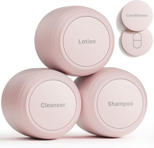 Trimcoo New Travel Toiletry Containers [Ultra Leakproof] TSA-Approved, PLA Hard Shell Jars with 5 Magnetic Labels, Wide Mouth Bottles for Lotion, Cleanser, Shampoo, Conditioner, Pink, 3 Pack, 30ML