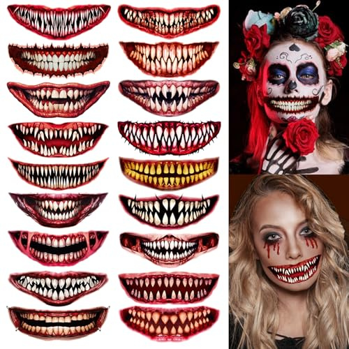 Halloween Mund Tattoo, 18 Blatt Halloween Gruselig Munds Tattoo Aufkleber, Gruselige Mundaufkleber, Halloweens Temporäre Horror Scary Munds Clown Tattoos, für Hallowen Karneval Cosplay