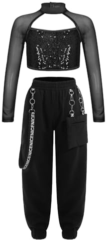 Eandarui Tanzkleidung Mädchen Hip Hop Street Dance Outfit Langarm Pailletten Shirt + Cargohose Mit Metallkette Bauchfrei Tanzoutfits