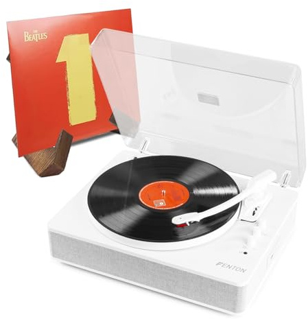 Fenton RP162W Vinyl Record Player with Bluetooth Output, Built-in Stereo Speakers, USB MP3 Recording & Retro Wooden Vinyl Display Stand, All-In-One Turntable System - White Finish