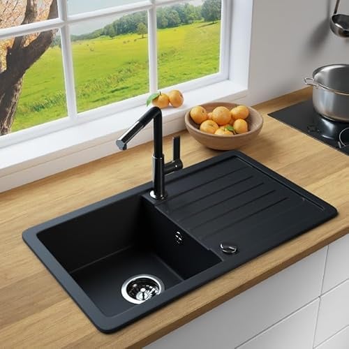 MIT ARMATUR LINDBERGH® Granit Spüle + kompl. Siphon und Imprägnierung mit Abtropffläche, Einbauspüle Küchenspüle Spülbecken - Verbundstoffe MADE IN GERMANY (VEL44 + Armatur 1-Deco)