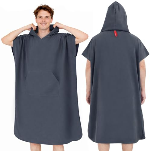 Asde PonDy Mikrofaser Badeponcho Unisex Damen Herren, Umziehhilfe & Handtuch, schnelltrocknend saugstark, Ultraleicht kompakt für Wassersport Surfen Strand Camping (Carbongrau, L)