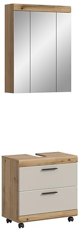 xonox.home – 2 TLG. Badkombination Scout 60x191x34 cm in Evoke Oak & Kaschmir – Mobiles Set aus Waschbeckenunterschrank & Spiegelschrank auf Rollen hohe Mobilität im Badezimmer