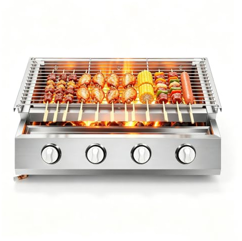 Barbacoa de gas de mesa con 4 quemadores, acero inoxidable, 4 fuegos con campana de barbacoa, rejilla extraíble, bandeja recogegrasa, 55,8 x 23,2 cm, asador de gas para balcón, jardín y terraza