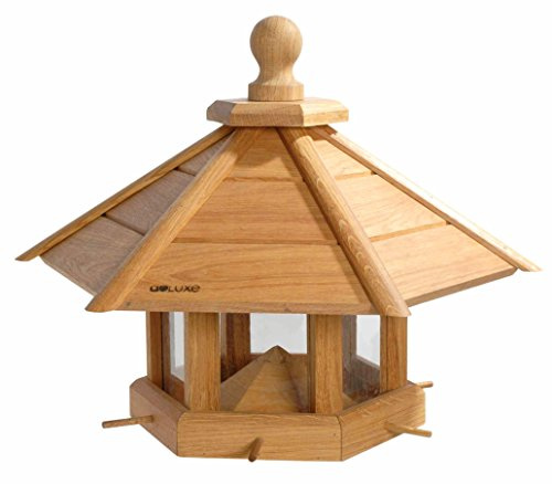 Luxus-Vogelhaus 46131e Großes XXL Vogelhaus Anflug aus Holz (Eiche) für Garten, Balkon, geöltes Eichenholz mit Futter-Silo / 6 Anflugstangen - XL Vogelhäuschen Vogelfutterhaus