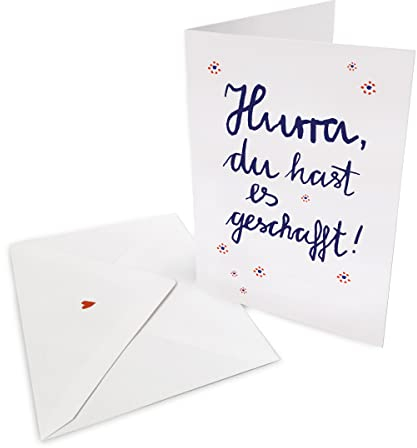 Glückwunschkarte zur Prüfung - Hurra, du hast es geschafft - originelle Grußkarte zum bestandenen Abitur, Diplom, Abschluss, Führerschein, Klappkarte mit Leinenstruktur inkl. Umschlag, Blau Weiß