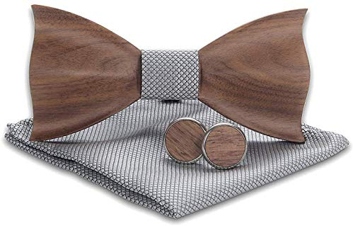 Holzfliege männer holz fliege herren klassische 3d geprägte hölzerne Fliege Set Plaid Quadrat Schal Manschettenknöpfe Lässige Massivholz Umweltschutz Set (Grau)
