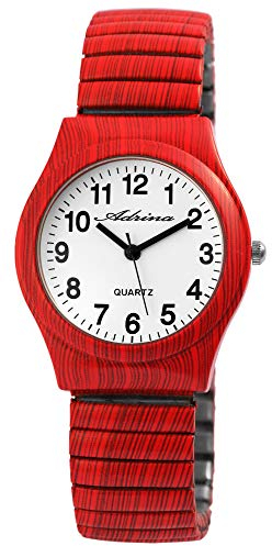 Adrina Damen-Uhr Edelstahl Zugarmband rot große Ziffern Länge 18 cm Durchmesser 34 mm Breite 18 mm Geschenke für Frauen
