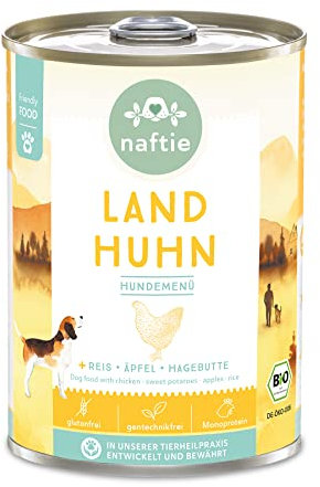 naftie Bio Hundefutter Land Huhn - Premium Nassfutter Menü mit Huhn, Reis, Äpfel und Hagebutten - Glutenfrei - purinarm - Diät-Futter - 400 g Dose