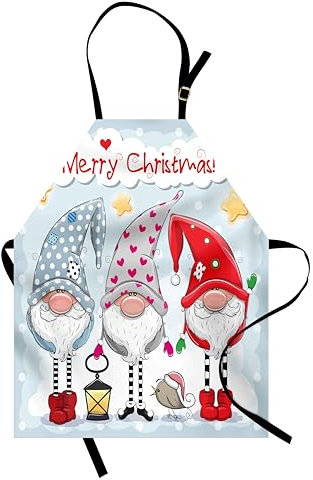 ABAKUHAUS Weihnachten Kochschürze, Weihnachten Zusammensetzung Zwerge, Digitaldruck Technologie Schmutzabweichent, Blassblau Mehrfarbig