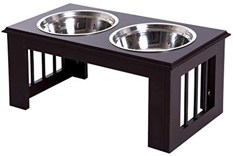 PawHut Ciotole Rialzate per Cani Taglia Media, Supporto Portaciotole in MDF con 2 Ciotole in Acciaio Inox per Cibo e Acqua, Caffè Scuro