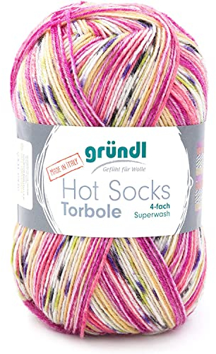 Gründl Hot Socks Torbole (Sockenwolle aus 75% Schurwolle (superwash) & 25% Polyamid, 4-fach Sockengarn, 100 g / 420 m, Nadelstärke: 2,5-3 mm, 100 g), lavendel-chili-pflaume-weiß-salatgrün-gelb